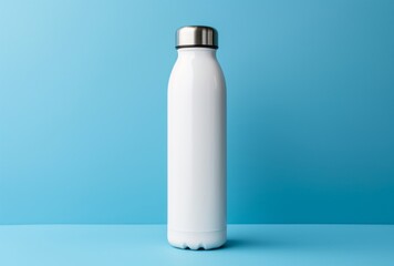 A handheld white and silver water bottle on a blue background, in a contemporary DIY style.
