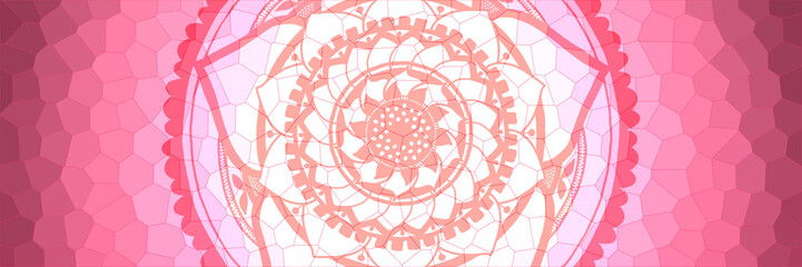 Glossy pink colorful backdrop, glass stained surface illustration with graphic mandala elements, space for text
