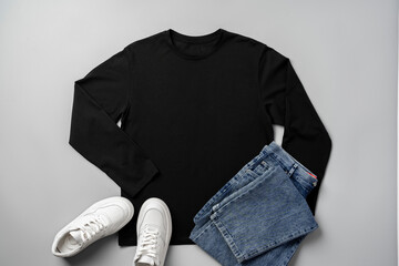 T-shirt, jeans and white sneakers on gray background top view