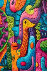 Vibrant caricatures and Mesoamerican influences define the colorful drawing of an abstract background.