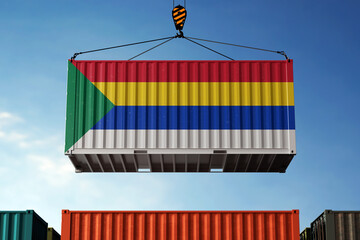Druze trade cargo container hanging against clouds background