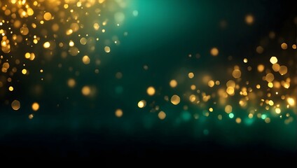 Fototapeta na wymiar A banner background featuring an abstract blend of shimmering gold bokeh lights against a softly defocused emerald black backdrop Generative AI