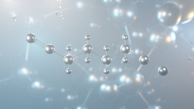 adiponitrile molecular structure, 3d model molecule, precursor polymer nylon 66, structural chemical formula view from a microscope