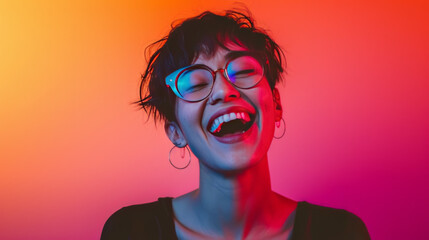 Euphoric Young Woman Screaming with Joy in Colorful Gradient Light