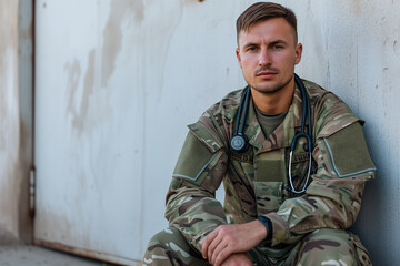 An army doctor with a stethoscope sits near the wall