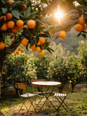 A table under an orange tree, in the style of geodesic structures - obrazy, fototapety, plakaty