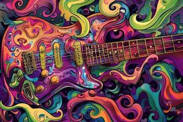 A gothcore guitar surrounded by vibrant comicstyle swirls and detailing