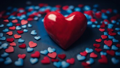 A modern, stylish Valentine's Day image: Layered red and blue hearts form a large heart on a dark background, with a cursive 'Happy Valentine's Day' message.
