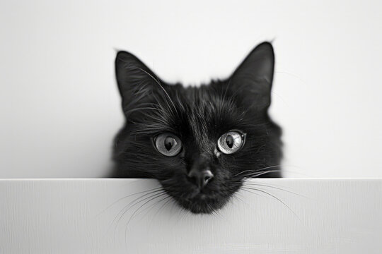 A mysterious black cat with bright eyes peeks over the edge of a white table, curious and ready to explore