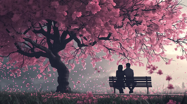 A romantic scene of a couple sitting on a bench under the ethereal pink cherry blossoms, with a soft twilight ambiance.
