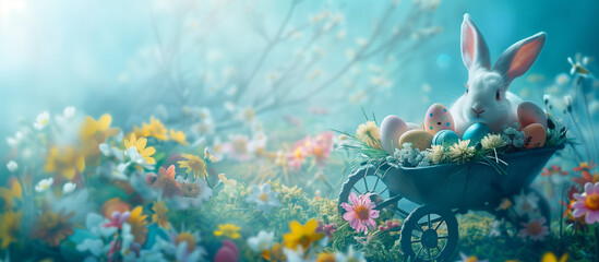 a rustic wheelbarrow overflows with a riot of colorful Easter eggs and vibrant springtime blossoms. Wisps of delicate fog soften the scene