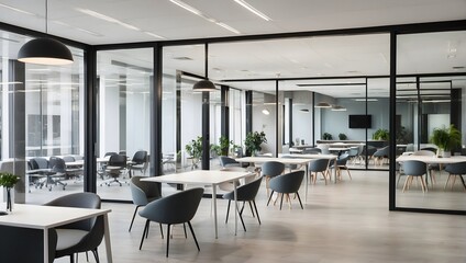 A modern, open-plan office space featuring glass doors, arranged chairs and tables, devoid of occupants Generative AI