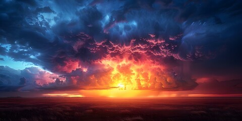 Fototapeta premium The Fiery Display of Nature: A Storm Gathering Strength, Lighting up the Night Sky. Concept Stormy Weather, Nighttime Photography, Nature's Fury, Capturing Lightning, Atmospheric Glow