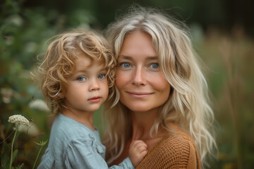Fototapeta na wymiar Authentic family, beautiful blonde mother together with her child outdoors, Caucasian mom and little boy in nature and looking at the camera. Motherhood, parenthood