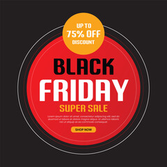 Black Friday Sale flash banner. Black Friday 75% off sale sticker. Super sale discount offer banner. Red yellow sale background