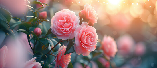 A cluster of delicate pink camellia roses in full bloom showcases natures elegance and beauty