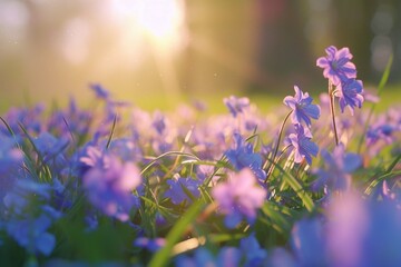 flowers in spring meadow. Picturesque morning scene of forest glade in April with violet tiny flowers. Beautiful floral background. Anamorphic macro photography