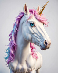 Obraz na płótnie Canvas Dreamlike Unicorn: Pink and Blue Mane Adds Whimsy to White Mythical Beast