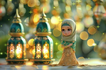 Cute Muslim girl with lanterns. Ramadan Kareem background