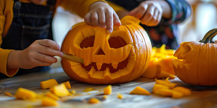 Kinder schnitzen einen K&uuml;rbis f&uuml;r Halloween