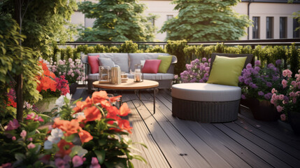Fototapeta na wymiar Beautiful wooden terrace with garden furniture surrounded by greenery and flowers