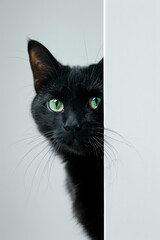 A mischievous black cat with bright eyes peeks out from behind a pristine white wall, its whiskers twitching in anticipation