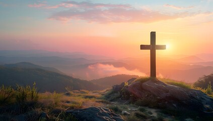 Holy cross on a hill at dawn symbolizing the death and resurrection of Jesus Christ, Easter and Holy Week concept