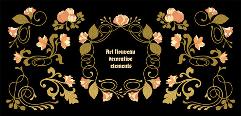 Art Nouveau floral frames, corners, and borders. Vector.