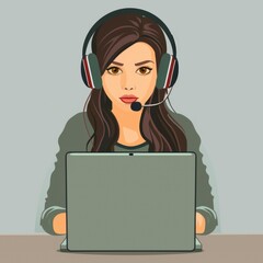 customer support service. A woman with headphones, flat design brunette girl
