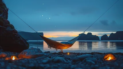 Foto op Canvas Backpacking with a simple hammock for nights under the stars © teera