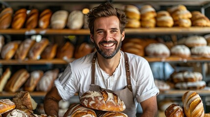 Baker in a simple apron smiling - obrazy, fototapety, plakaty
