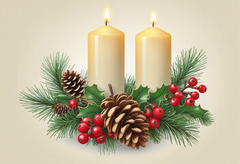 christmas candles with holly and pinecones vintage illustration isolated on a transparent background