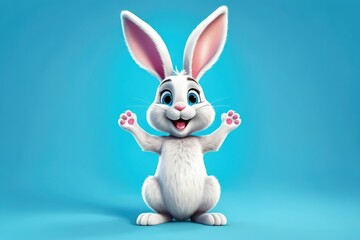 Cartoon Easter bunny, full body, exuding happiness, high-quality stock photo, isolated against a light blue cyan background, vibrant, digital painting, ultra clear