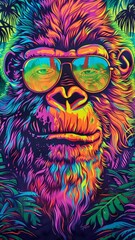 A vibrant drawing of Bigfoot wearing sunglasses in neon rainbow colors surrounded by a lush backdrop