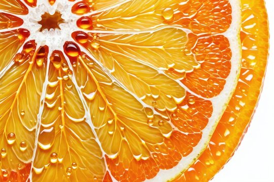 Close-up orange slice, vibrant juice beads glistening, isolated on white background, crisp edges, undistracted clarity, high quality stock photograph, depth of field effect, ultra clear