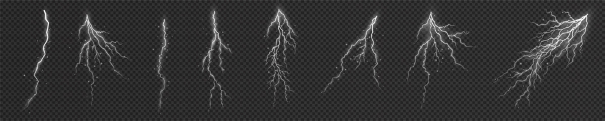 Lightning. Thunder storm realistic lightning. Bright light effects. Lightning bolt set Magic and bright light effects. Vector illustration - obrazy, fototapety, plakaty
