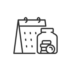 Financial savings, linear icon. Accounting for finances. Strategies for accumulating money. Money for a rainy day. Calendar and coin jar. Line with editable stroke