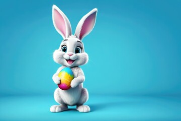 Happy cartoon Easter bunny, full body, isolated, light blue cyan background, stock photo style, smiling, holding a colorful Easter egg, ears perked up, vibrant, clean lines, pastel hues, shadow below 