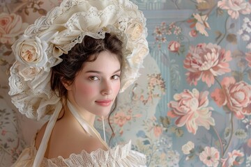 A Timeless Easter Elegance: Woman Adorned in a Vintage Bonnet Poses Gracefully Against an Antique Floral Wallpaper Backdrop