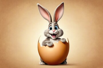 Happy cartoon Easter bunny in full body, stock photograph quality, isolated against a sepia brown backdrop, capturing joy, displaying oversized ears, huge front teeth, clutching a pastel-colored egg - obrazy, fototapety, plakaty