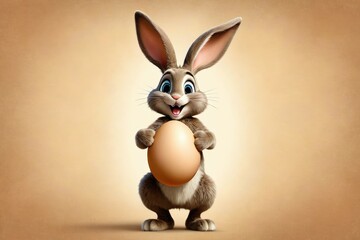 Happy cartoon Easter bunny in full body, stock photograph quality, isolated against a sepia brown backdrop, capturing joy, displaying oversized ears, huge front teeth, clutching a pastel-colored egg
