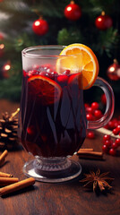 Mulled Wine in Glass with Cinnamon and Orange for Christmas.