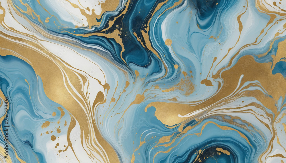 Wall mural Abstract blue and gold marble texture with gold splashes, blue luxury background, Natural luxury abstract fluid art watercolor in alcohol ink technique