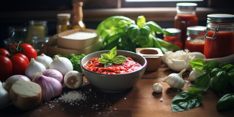 Fresh Tomato Sauce with Basil Among Ingredients for Cooking.