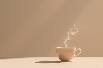 freshly brewed morning coffee in a delicate cup, isolated on a gentle beige background, evoking warmth and awakening  - obrazy, fototapety, plakaty