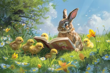 Fototapeta na wymiar A Whimsical Easter Tale Unfolds: An Enthusiastic Bunny Shares a Story with an Eager Audience of Yellow Chicks in a Spring Meadow
