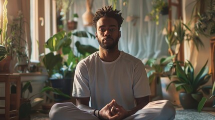 A man sitting quietly in a meditation pose at home, surrounded by soft lighting, showing the use of mindfulness and meditation to cope with mood swings during andropause