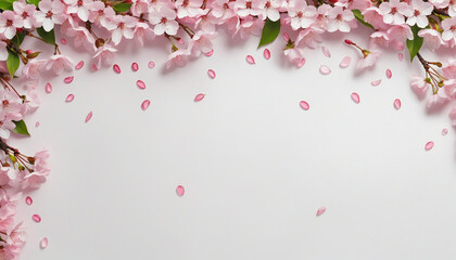 cascading cherry blossom petals as a frame border, isolated with negative space for layouts