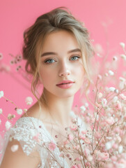 Fototapeta premium A beautiful young woman in a wedding dress posing on pink background