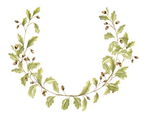 Fototapeta premium Oak branch Wreath. Hand drawn watercolor illustration of round Frame with acorns and green leaves on white isolated background. Circular border with forest foliage for icon, logo or greeting cards.
